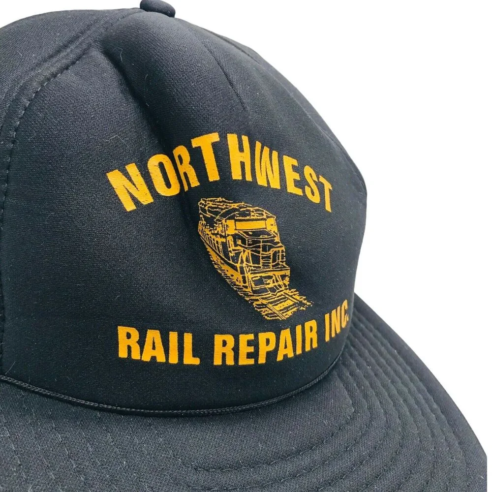 Northwest Rail Repair Snapback Trucker Hat Baseball Cap VTG Black Yellow Train